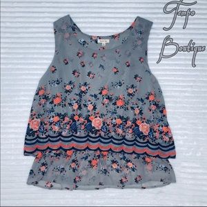 Layered Floral Tank Top with Chevron Trim